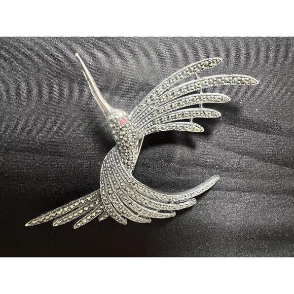 JUDITH JACK Hummingbird Sterling Silver Marcasite Ruby Pin Brooch - Picture 5 of 8